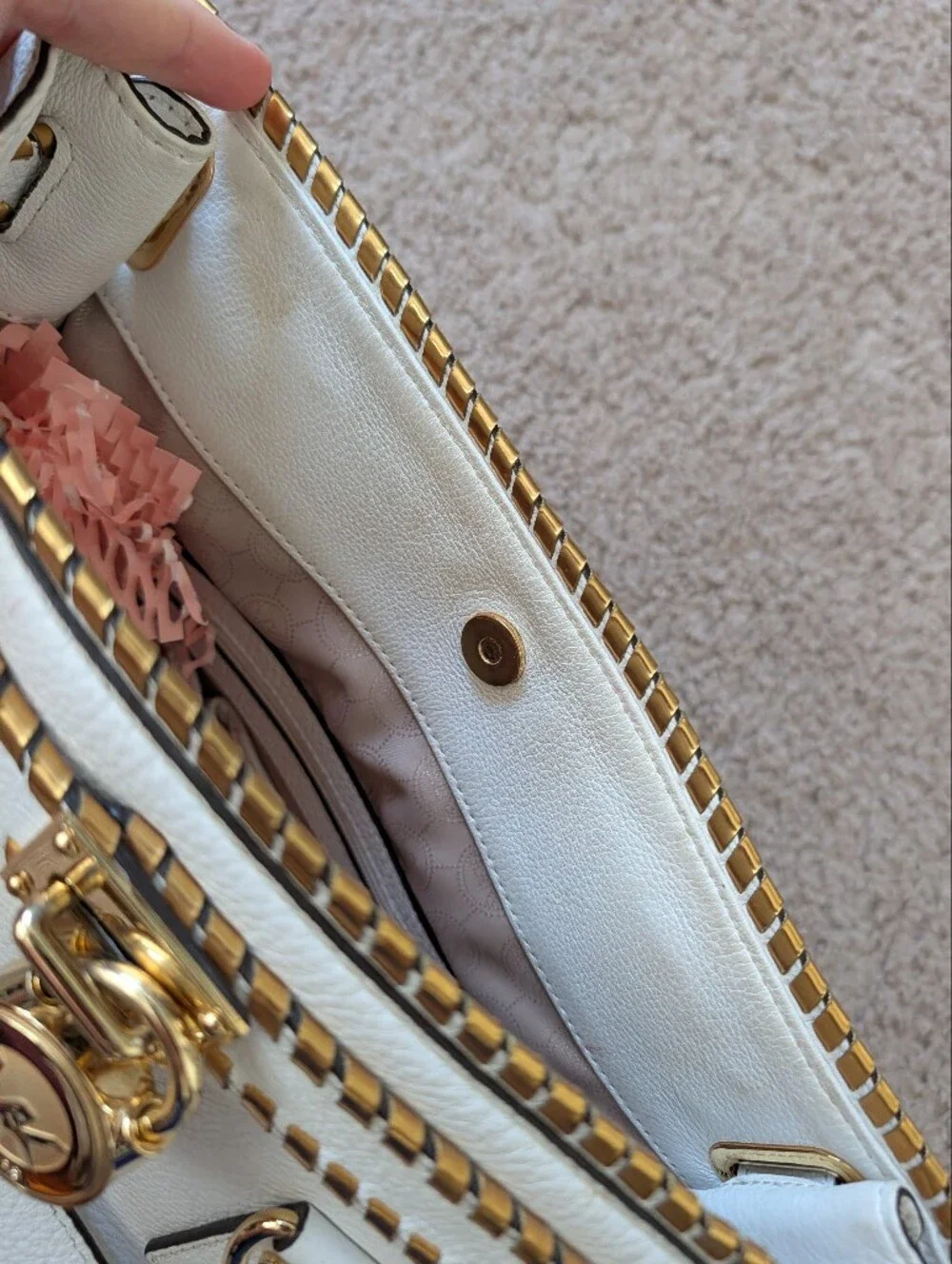 Michael Kors White Gold Hamilton Whipped Leather Satchel Handbag Purse